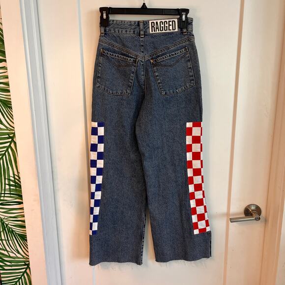 The Ragged Priest Blue High Rise Checkered Kickflip Wide Leg Jeans Size 26 - Picture 5 of 10